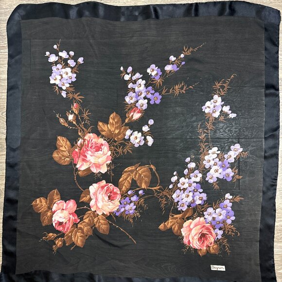 Vintage Silk Scarf Black Floral 34" x 34" - Picture 1 of 9